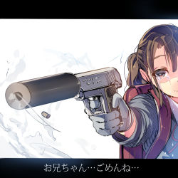 Rule 34 | 1girl, bag, brown hair, casing ejection, crying, daito, gloves, grey eyes, gun, handgun, letterboxed, original, ponytail, ribbon, school bag, shaded face, shell casing, smoke, smoking gun, solo, suppressor, tears, translated, weapon, weapon request