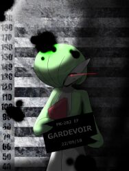 Rule 34 | 1girl, bob cut, colored skin, creatures (company), dark, dated, english text, eye trail, female focus, flat chest, game freak, gardevoir, gen 3 pokemon, green hair, green skin, hair over one eye, hands up, height chart, highres, holding, ikuzonomiki12, light trail, looking at viewer, mugshot, multicolored skin, nintendo, one eye covered, pokemon, pokemon (creature), red eyes, short hair, solo, standing, striped, striped background, two-tone skin, upper body, v-shaped eyebrows, white skin