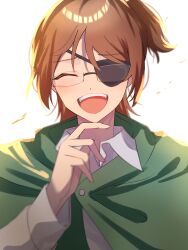 Rule 34 | 1other, absurdres, blush, brown hair, cape, closed eyes, collared shirt, commentary, dress shirt, eyepatch, glasses, green cape, hange zoe, highres, long sleeves, open mouth, shingeki no kyojin, shirt, simple background, smile, solo, teeth, tsukuno tsuki, upper body, upper teeth only, white background, white shirt