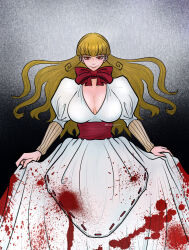 Rule 34 | 1girl, absurdres, artist name, blonde hair, blood, blood on clothes, bloody clothes, bloody dress, bow, breasts, cleavage, dress, fabricant 100, fabricant number 100, gradient background, highres, large breasts, larmemaru e, long hair, long sleeves, looking at viewer, puffy sleeves, red bow, red eyes, sidelocks, skirt hold, smile, solo, white dress