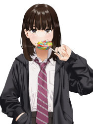Rule 34 | 1girl, black eyes, black hair, black jacket, black skirt, blunt bangs, blush, breast pocket, candy, collared shirt, commentary, eating, food, food in mouth, food on face, hand in pocket, holding, holding food, hood, hooded jacket, jacket, lollipop, long sleeves, looking at viewer, mattaku mousuke, necktie, original, pocket, red necktie, shirt, shirt tucked in, short hair, simple background, skirt, striped necktie, swirl lollipop, teeth, twitter username, upper body, white background, white shirt