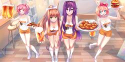 Rule 34 | 4girls, :d, alcohol, alternate costume, bare arms, bare shoulders, beer, beer mug, bow, breasts, brown hair, burger, chicken nuggets, cleavage, clothes writing, commentary, commission, cup, doki doki literature club, english commentary, food, full body, hair between eyes, hair bow, hair ornament, hair ribbon, hairclip, highres, holding, holding plate, hooters, large breasts, long hair, looking at viewer, medium breasts, monika (doki doki literature club), mug, multiple girls, natsuki (doki doki literature club), open mouth, orange shorts, pink hair, plate, ponytail, purple hair, red bow, red ribbon, ribbon, sayori (doki doki literature club), shoes, short hair, short shorts, shorts, sidelocks, small breasts, smile, socks, takuyarawr, tank top, two side up, very long hair, waitress, white footwear, white legwear, white ribbon, white tank top, yuri (doki doki literature club)