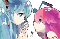 Rule 34 | 2girls, beamed quavers, blue eyes, blue hair, cakeoflime, eye contact, holding hands, hatsune miku, interlocked fingers, long hair, looking at another, megurine luka, multiple girls, musical note, nail polish, pink hair, quaver, tattoo, twintails, vocaloid, yuri