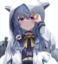 Rule 34 | 1girl, absurdres, belt, blue eyes, blue hair, blush, bow, bowtie, choker, clenched teeth, colored inner hair, crying, crying with eyes open, hair between eyes, highres, hololive, hood, hood up, hooded jacket, hoshimachi suisei, hoshimachi suisei (school uniform), jacket, long hair, long sleeves, looking at viewer, multicolored hair, open clothes, open jacket, purple choker, purple shirt, school uniform, serafuku, shirt, solo, star (symbol), star in eye, symbol in eye, tears, teeth, una hirag, upper body, virtual youtuber, white belt, white jacket, yellow bow, yellow bowtie