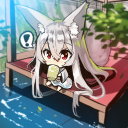 Rule 34 | !, 1girl, absurdly long hair, animal ears, barefoot, blurry, blurry foreground, blush, chibi, covered mouth, cup, day, depth of field, dress, drinking glass, fox ears, fox girl, fox tail, hair between eyes, holding, holding cup, holding drinking glass, long hair, long sleeves, looking at viewer, original, outdoors, red eyes, silver hair, sitting, solo, spoken exclamation mark, tail, very long hair, water, white dress, wide sleeves, yuuji (yukimimi)