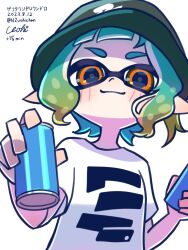 Rule 34 | 1boy, artist name, blue hair, can, closed mouth, commentary request, dated, gradient hair, green hair, green headwear, highres, holding, holding can, inkling, inkling boy, inkling player character, looking at viewer, male focus, multicolored hair, n2uohichan, nintendo, pointy ears, print shirt, shirt, short hair, simple background, smile, solo, splatoon (series), splatoon 3, tentacle hair, thick eyebrows, twitter username, two-tone hair, upper body, white background, white shirt