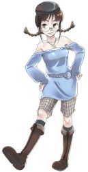 Rule 34 | 00s, 1girl, akizuki ritsuko, bare shoulders, blush, boots, braid, brown eyes, brown hair, flat boots, glasses, hands on own hips, hat, idolmaster, idolmaster (classic), idolmaster 1, inu (aerodog), jewelry, necklace, simple background, solo, twin braids, white background