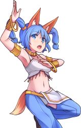 Rule 34 | 1girl, :o, animal ear fluff, animal ears, arm up, armlet, armpits, bare shoulders, blue eyes, blue hair, bracelet, crotchless, crotchless pants, dancer, eyes visible through hair, hair ornament, highres, jewelry, kotri (rabi-ribi), looking at viewer, midriff, navel, necklace, pants, rabi-ribi, solo, speckticuls, tail, teeth, transparent background, twintails, upper body, upper teeth only