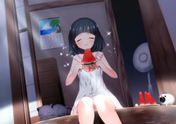 Rule 34 | 1girl, black hair, blush, cat, closed mouth, electric fan, closed eyes, facing viewer, food, fruit, holding, holding food, original, plate, sitting, solo, sparkle, tsunoshima kujira, watermelon