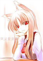 Rule 34 | 00s, animal ears, brown hair, g-ist, head rest, holo, long hair, red eyes, smile, solo, spice and wolf, wolf ears