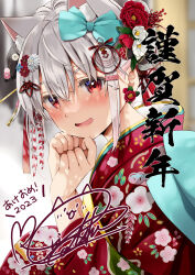 Rule 34 | 1girl, :d, animal ear fluff, animal ears, blue bow, blurry, blurry background, blush, bow, commentary request, depth of field, floral print, flower, grey hair, hair between eyes, hair bow, hair flower, hair ornament, hands up, highres, japanese clothes, kimono, long hair, long sleeves, looking away, natsume eri, open mouth, original, print kimono, red eyes, red flower, red kimono, side ponytail, signature, smile, solo, translation request, upper body, white flower, wide sleeves