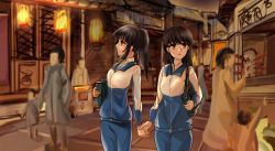 Rule 34 | 2girls, absurdres, bag, black hair, collared shirt, feet out of frame, highres, holding another&#039;s hand, holding hands, jacket, long sleeves, looking to the side, medium hair, multiple girls, open mouth, original, pants, school bag, school uniform, shirt, standing, track jacket, track pants, track suit, yuanfang de baihua l&iacute;n, yuri