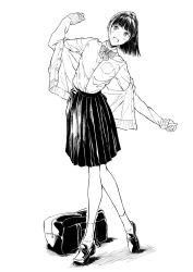 Rule 34 | 1girl, :d, bag, blush, bow, cardigan, collared shirt, commentary request, dress shirt, full body, greyscale, highres, hiwatari rin, loafers, long sleeves, looking at viewer, monochrome, off shoulder, open cardigan, open clothes, open mouth, original, pleated skirt, school bag, school uniform, shirt, shoes, skirt, sleeves past wrists, smile, socks, solo, standing, standing on one leg, unworn bag, white background