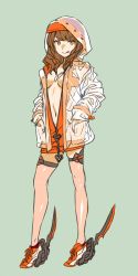 Rule 34 | 1girl, :q, breasts, brown hair, contrapposto, copyright request, full body, green background, haimura kiyotaka, hands in pockets, highres, hood, hood up, hoodie, jewelry, looking at viewer, medium breasts, naked hoodie, navel, necklace, orange eyes, pink thighhighs, simple background, smile, solo, standing, thighhighs, tongue, tongue out