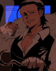 Rule 34 | 1boy, androgynous, ascot, black hair, cigar, collared shirt, crocodile (one piece), grin, hair slicked back, highres, hook hand, looking at viewer, male focus, mature male, one piece, partially unbuttoned, pectoral cleavage, pectorals, scar, scar on face, scar on nose, shirt, short hair, smile, smoking, solo, stitches, tomatowani91, upper body