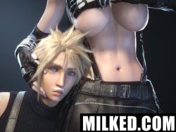 Rule 34 | 1boy, 1girl, 3d, abs, blonde hair, blue eyes, breasts, clothes lift, cloud strife, covering privates, covering breasts, english text, expressionless, final fantasy, final fantasy vii, gloves, hand on another&#039;s head, head out of frame, hetero, large breasts, meme, milk, navel, shirt lift, skirt, square enix, stomach, tifa lockhart, toned, watermark, web address