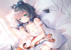 Rule 34 | 1girl, absurdres, animal, bare shoulders, bed sheet, black hair, blue ribbon, breasts, cat, cellphone, cleavage, collarbone, commentary request, dress, earbuds, earphones, fingernails, green eyes, hair between eyes, hair ornament, hair ribbon, highres, long hair, luo tianyi, lying, mechanical pencil, medium breasts, on side, pencil, phone, ribbon, rokusai, sleeveless, sleeveless dress, solo, strap slip, vocaloid, vocanese, white dress