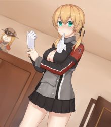 Rule 34 | 10s, 1girl, adjusting clothes, adjusting gloves, aqua eyes, bismarck (kancolle), black ribbon, black skirt, blonde hair, blush, breasts, character doll, cleavage, cold (hoshinoskull), cowboy shot, cross, dutch angle, gloves, hair between eyes, hair ornament, hair ribbon, highres, indoors, iron cross, kantai collection, long sleeves, looking at viewer, low twintails, medium breasts, microskirt, military, military uniform, mouth hold, no headwear, no headwear, nose blush, pleated skirt, prinz eugen (kancolle), ribbon, skirt, solo focus, twintails, uniform, white gloves