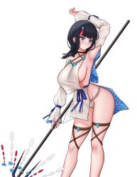 Rule 34 | 1girl, absurdres, arm behind head, arm up, armpits, bare shoulders, black hair, blue eyes, blue ribbon, blush, breasts, closed mouth, collarbone, dress, erenav, fate/grand order, fate/requiem, fate (series), fundoshi, highres, japanese clothes, jewelry, large breasts, long sleeves, looking at viewer, magatama, magatama hair ornament, medium hair, multicolored hair, necklace, pelvic curtain, pink hair, polearm, puffy long sleeves, puffy sleeves, ribbon, seigaiha, short dress, sideboob, sideless outfit, simple background, spear, streaked hair, thighs, utsumi erice, weapon, white background, white dress