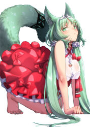 Rule 34 | 1girl, all fours, animal collar, animal ear fluff, animal ears, arknights, artist name, barefoot, bell, blush, bow, breasts, cat ears, cat girl, cat tail, chinese commentary, closed mouth, collar, commentary request, dress, eyelashes, feet, frilled dress, frills, full body, green eyes, green hair, green nails, hair ornament, hair scrunchie, hairband, harmonie (arknights), harmonie (decoration) (arknights), highres, large breasts, long hair, looking at viewer, mixed-language commentary, nail polish, neck bell, parted bangs, red bow, red dress, scrunchie, simple background, solo, tail, toenail polish, toenails, toes, twintails, very long hair, white background, white hairband, yamauchi (conan-comy)