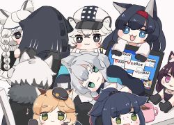Rule 34 | 1boy, 1other, 6+girls, :3, :d, animal ear fluff, animal ears, animal hands, arknights, black cape, black footwear, black gloves, black hair, black jacket, blaze (arknights), blonde hair, blue eyes, boots, braid, brown background, cabbie hat, cape, cat ears, chibi, cliffheart (arknights), closed mouth, colored eyelashes, computer, cup, doctor (arknights), error message, fang, fur-trimmed cape, fur trim, gloves, green eyes, grey eyes, grey hair, hairband, hat, hood, hood up, hooded jacket, jacket, jessica (arknights), laptop, leopard ears, long hair, lying, melantha (arknights), mini person, minigirl, mousse (arknights), mug, multicolored hair, multiple girls, on side, open clothes, open jacket, open mouth, parted lips, paw gloves, ponytail, pramanix (arknights), purple eyes, purple hair, red hair, red hairband, rosmontis (arknights), shirt, shoe soles, silverash (arknights), simple background, smile, someyaya, streaked hair, sweat, swire (arknights), thick eyebrows, very long hair, white hair, white headwear, white jacket, white shirt