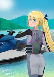 Rule 34 | artoria caster (fate), artoria pendragon (fate), ass, back, blonde hair, blue eyes, blush, bodysuit, commission, diving suit, fate/grand order, fate (series), from behind, gloves, grey bodysuit, hairband, highres, jet ski, k19664663k, life vest, long hair, looking back, open mouth, ponytail, skeb commission, strap, swim vest, two-tone bodysuit, two-tone gloves, vest, wetsuit