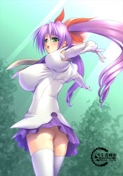 Rule 34 | ass, breasts, cave, cave (developer), elbow gloves, covered erect nipples, gloves, green eyes, gunner-l, hair ribbon, huge breasts, impossible clothes, impossible shirt, long hair, looking back, mushihime-sama, no panties, purple hair, reco, ribbon, shirt, sideboob, skirt, thighhighs, twintails, upskirt, white legwear