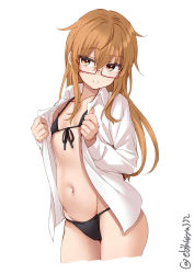 Rule 34 | 1girl, bikini, black bikini, breasts, brown hair, collarbone, ebifurya, glasses, groin, highres, kantai collection, long hair, looking at viewer, messy hair, mochizuki (kancolle), navel, open clothes, shirt, simple background, small breasts, solo, standing, straight hair, swimsuit, undressing, white background