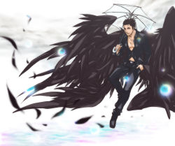 Rule 34 | 1boy, applemac, black wings, el shaddai, feathers, gradient background, hand in pocket, highres, lucifel (el shaddai), male focus, midriff, red eyes, smile, solo, umbrella, white background, wings
