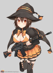 Rule 34 | 1girl, assault rifle, black hair, black ribbon, black thighhighs, blush, bow, bowtie, breasts, brown eyes, cape, cleavage, closed mouth, copyright name, cowboy shot, frilled skirt, frills, gun, halloween, halloween costume, hat, holding, holding gun, holding weapon, howa type 89, ichigaya ai, jack-o&#039;-lantern, large breasts, leaning forward, long sleeves, looking at viewer, orange skirt, over-kneehighs, ribbon, rick g earth, rifle, short hair, shuuichi, skirt, smile, solo, thigh strap, thighhighs, weapon, witch hat, yellow bow, yellow bowtie