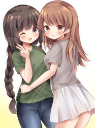 Rule 34 | 10s, 2girls, bad id, bad nicoseiga id, black hair, blunt bangs, braid, brown eyes, brown hair, casual, commentary request, denim, green shirt, grey shirt, jeans, kantai collection, kitakami (kancolle), long hair, looking at viewer, masayo (gin no ame), multiple girls, one eye closed, ooi (kancolle), open mouth, pants, pleated skirt, purple eyes, shirt, short sleeves, simple background, single braid, skirt, v, white background, white skirt