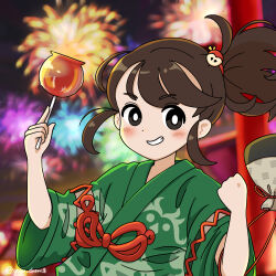 Rule 34 | 1girl, alternate hairstyle, architecture, artist name, brown eyes, brown hair, candy, candy apple, child, clenched hands, clenched teeth, creatures (company), east asian architecture, eyelashes, fireworks, flat chest, food, game freak, hair ornament, hands up, happy, highres, holding, holding candy, holding food, japanese clothes, jinbei (clothes), juliana (pokemon), legs, light blush, long hair, looking at viewer, matching hair/eyes, neck, nintendo, official alternate costume, outdoors, parted lips, pokemon, pokemon sv, short sleeves, side ponytail, sidelocks, smile, standing, summer, summer festival, swept bangs, teeth, traditional clothes, upper body, wide sleeves, yasu (hukk3727)