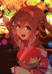 Rule 34 | 10s, 1girl, :d, aerial fireworks, ahoge, alternate costume, alternate hairstyle, breasts, brown hair, diffraction spikes, firework background, fireworks, from side, hair between eyes, hair ribbon, hairband, highres, japanese clothes, kantai collection, kimono, lens flare, long sleeves, looking at viewer, medium breasts, obi, open mouth, orange eyes, outdoors, pointing finger, red hairband, ribbon, sash, shiratsuyu (kancolle), short hair, short twintails, smile, solo, teeth, twintails, upper body, youmou usagi