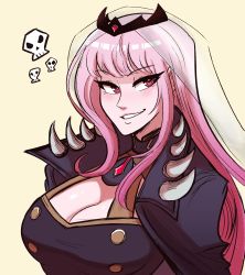 Rule 34 | 1girl, absurdres, blunt bangs, breasts, cape, cleavage, commentary, english commentary, highres, hololive, hololive english, large breasts, light blush, looking to the side, mori calliope, pink eyes, pink hair, scruffyturtles, sidelocks, skull, smirk, solo, spikes, tiara, upper body, v-shaped eyebrows, veil, virtual youtuber, yellow background