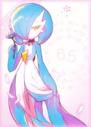Rule 34 | 1girl, alternate color, birthday, black choker, blue hair, blue skin, blush, bob cut, border, choker, closed mouth, colored eyelashes, colored skin, creatures (company), dated, female focus, flat chest, flower, game freak, gardevoir, gen 3 pokemon, gradient background, hair over one eye, half-closed eyes, hand up, happy, holding, holding flower, lace, lace choker, lifted by self, light blush, looking at viewer, lotosu, mega stone, multicolored skin, nintendo, orange eyes, petals, pink background, pink border, pokemon, pokemon (creature), purple flower, shiny pokemon, short hair, smile, solo, star (symbol), star in eye, symbol in eye, two-tone skin, white skin