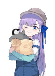 Rule 34 | 1girl, bag, bird, blue eyes, blue ribbon, blue sleeves, blush, breasts, coffeekite, fate/extra, fate/extra ccc, fate/grand order, fate (series), hair ribbon, hat, highres, layered clothes, long hair, long sleeves, meltryllis (fate), one eye closed, overalls, paper bag, penguin, purple hair, ribbon, shirt, short sleeves, small breasts, smile, very long hair, white shirt