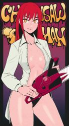 1girl absurdres black_panties breasts chainsaw chainsaw_man closed_mouth copyright_name highres holding holding_chainsaw jeff_miga large_breasts long_hair makima_(chainsaw_man) open_clothes open_shirt panties pochita_(chainsaw_man) red_hair shirt smile solo underwear white_shirt yellow_eyes