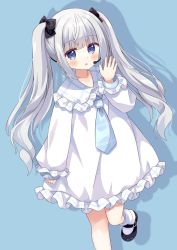 Rule 34 | 1girl, :o, black bow, black footwear, blue background, blue eyes, blue necktie, blush, bow, commentary request, dress, drop shadow, feet out of frame, frilled sailor collar, frilled sleeves, frills, grey hair, hair bow, headset, highres, long hair, long sleeves, nakkar, necktie, original, parted lips, puffy long sleeves, puffy sleeves, sailor collar, sailor dress, shoes, simple background, sleeves past wrists, socks, solo, twintails, very long hair, white dress, white sailor collar, white socks