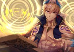 Rule 34 | &gt;:), 1boy, arm tattoo, bare shoulders, blonde hair, blue vest, cropped vest, earrings, evil grin, evil smile, fate/grand order, fate (series), fingernails, gem, gilgamesh, gilgamesh (caster) (fate), gilgamesh (fate), grin, hair between eyes, jewelry, looking at viewer, magic, male focus, open clothes, open vest, parted lips, pectorals, purple gemstone, red eyes, short hair, smile, solo, sorao (ichhimo), tattoo, toned, toned male, turban, upper body, v-shaped eyebrows, vest