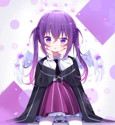 Rule 34 | 1girl, :o, aged down, black jacket, black necktie, blush, collared shirt, commentary, deyui, english commentary, feathered wings, feet out of frame, flower, frilled skirt, frills, gochuumon wa usagi desu ka?, hair between eyes, halo, hands on own face, hands up, jacket, long hair, long sleeves, looking at viewer, necktie, open clothes, open jacket, pantyhose, parted lips, puffy long sleeves, puffy sleeves, purple eyes, purple flower, purple hair, purple skirt, shirt, skirt, solo, striped clothes, striped skirt, tedeza rize, twintails, vertical-striped clothes, vertical-striped skirt, very long hair, white pantyhose, white shirt, white wings, wings