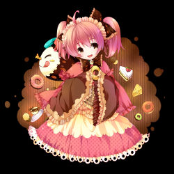 Rule 34 | 10s, 1girl, :d, ;q, blush stickers, brown eyes, cake, cake slice, charlotte (madoka magica), cup, doughnut, dress, food, grandia bing, holding, mahou shoujo madoka magica, mahou shoujo madoka magica (anime), one eye closed, open mouth, personification, pink hair, saucer, smile, teacup, tongue, tongue out, twintails, wink