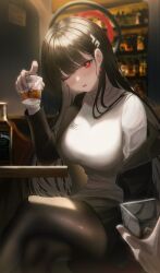 Rule 34 | 1girl, absurdres, alcohol, bar (place), black hair, black jacket, black pantyhose, black skirt, blue archive, breasts, cup, hair ornament, hairclip, halo, highres, holding, holding cup, jack daniel&#039;s, jacket, large breasts, long hair, off shoulder, one eye closed, pantyhose, pleated skirt, red eyes, rega, rio (blue archive), skirt, solo focus, sweater, turtleneck, turtleneck sweater, very long hair, whiskey, white sweater