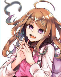 Rule 34 | 1girl, :d, ahoge, akamatsu kaede, backpack, bag, blonde hair, brown necktie, chain, collar, unworn collar, collared shirt, commentary request, crying, crying with eyes open, danganronpa (series), danganronpa v3: killing harmony, floating hair, fortissimo, hair ornament, hands up, highres, kitsunebi v3kokonn, long hair, long sleeves, looking at viewer, metal collar, musical note, musical note hair ornament, necktie, open mouth, own hands clasped, own hands together, pink bag, pink sweater, purple eyes, school uniform, shirt, signature, smile, solo, spoilers, sweater, sweater vest, tears, upper body, white background, white shirt