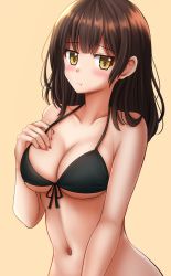 Rule 34 | 1girl, :t, bare arms, bare shoulders, bikini, black bikini, blush, breasts, brown background, brown eyes, brown hair, cleavage, closed mouth, collarbone, commentary, female focus, front-tie bikini top, front-tie top, hand up, hige wo soru. soshite joshikousei wo hirou., highres, kazenokaze, long hair, looking at viewer, medium breasts, nail polish, navel, ogiwara sayu, pout, red nails, simple background, solo, swimsuit, upper body