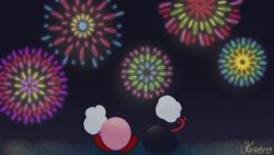 Rule 34 | cotton candy, dark, fireworks, from behind, gooey (kirby), kirby, kirby (series), kurono969, light, nintendo, saliva, signature, simple background, smoke, tongue
