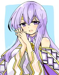Rule 34 | 1girl, bare shoulders, circlet, dress, fire emblem, fire emblem: genealogy of the holy war, julia (fire emblem), long hair, nintendo, open mouth, own hands clasped, own hands together, purple dress, purple eyes, purple hair, simple background, smile, solo, upper body, wide sleeves, yukia (firstaid0)