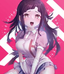 Rule 34 | 1girl, :d, apron, bandaged arm, bandages, black hair, breasts, collared shirt, danganronpa (series), danganronpa 2: goodbye despair, heart, heart in eye, highres, hong (beniimo hnkn), large breasts, long hair, miniskirt, mole, mole under mouth, open mouth, pink background, pink eyes, pleated skirt, puffy short sleeves, puffy sleeves, shirt, short sleeves, skirt, smile, solo, sparkle, symbol in eye, teeth, tongue, tsumiki mikan, two-tone shirt, upper teeth only, white apron, white background