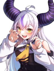 Rule 34 | 1girl, ahoge, black dress, blush, braid, claw pose, demon horns, detached sleeves, dress, fangs, grey hair, highres, hololive, horns, kimura mitsuki, la+ darknesss, la+ darknesss (1st costume), long hair, looking at viewer, multicolored hair, open mouth, pointy ears, purple hair, single braid, sleeveless, sleeveless dress, smile, solo, streaked hair, teeth, upper teeth only, very long hair, virtual youtuber, white sleeves, yellow eyes