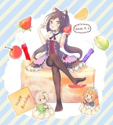 Rule 34 | 1girl, absurdres, animal ear fluff, animal ears, blue hair, cake, candle, cat ears, cat girl, character doll, cherry, chibi, chocomoch, commentary, cream, cream on face, crossed legs, dated, dress, eating, food, food on face, fruit, green eyes, happy birthday, highres, karyl (princess connect!), kokkoro (princess connect!), low twintails, macaron, multicolored hair, no detached sleeves, orange (fruit), orange slice, pecorine (princess connect!), pointy ears, princess connect!, strawberry, streaked hair, thighhighs, tongue, tongue out, twintails, whipped cream, white hair