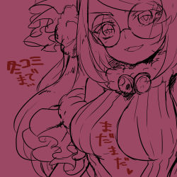 Rule 34 | 1girl, bare shoulders, breasts, cleavage, detached sleeves, fur trim, glasses, hair ornament, heart, highres, large breasts, long hair, looking at viewer, open clothes, open mouth, pikomarie, purple background, puzzle &amp; dragons, round eyewear, simple background, smile, solo, translation request, urd (p&amp;d)